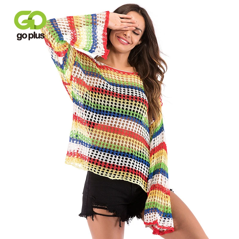GOPLUS 2019 Rainbow stripes Hollow out Knitted Sweater Women O Neck Flare Sleeve Pullovers Ladies Befree Street Sweater Female
GOPLUS 2019 Rainbow stripes Hollow out Knitted Sweater Women O Neck Flare Sleeve Pullovers Ladies Befree Street Sweater Female