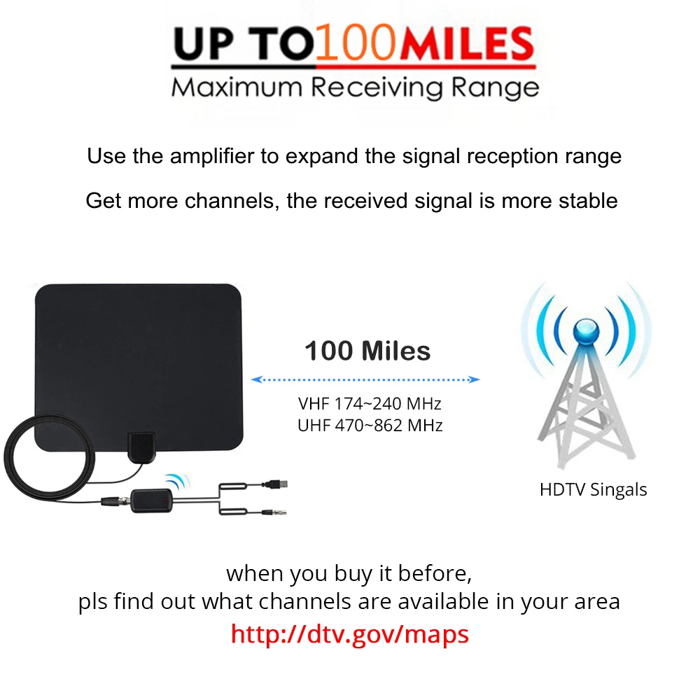 100 Miles Indoor HDTV Digital TV Radius Antena TV Fox Surf Antenna DVB-T DVB-T2 ATSC VHF UHF Anten with Signal Amplifier Booster
100 Miles Indoor HDTV Digital TV Radius Antena TV Fox Surf Antenna DVB-T DVB-T2 ATSC VHF UHF Anten with Signal Amplifier Booster