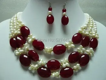 

Wholesale free shipping >>>>>stunning 3 row cultured white pearl & red stone wedding necklace earring set