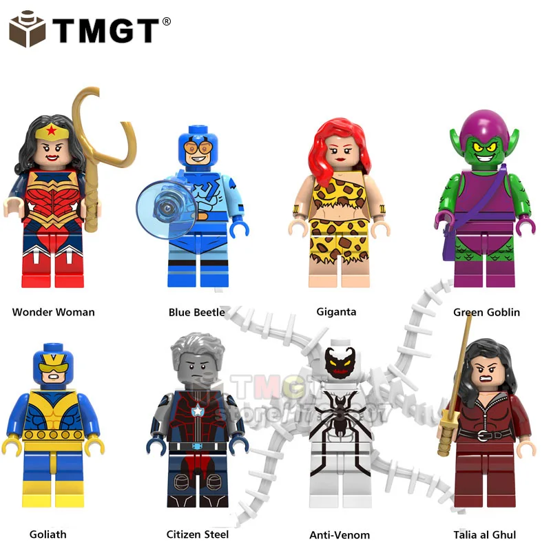 TMGT 50PCS/LOT Super Heroes Blue Beetle Green Goblin Wonder Woman Talia al Ghul Anti-Venom Building Blocks Toys for children
TMGT 50PCS/LOT Super Heroes Blue Beetle Green Goblin Wonder Woman Talia al Ghul Anti-Venom Building Blocks Toys for children