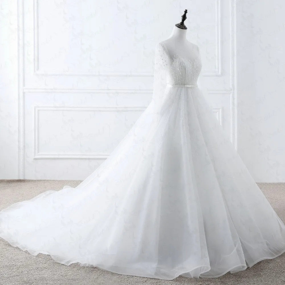 RSW1082 RSW1082 Luxury Crystal Wedding Dresses Puffy Tulle Skirt Hard Bow Belt Long Sleeve Wedding Gown (6)