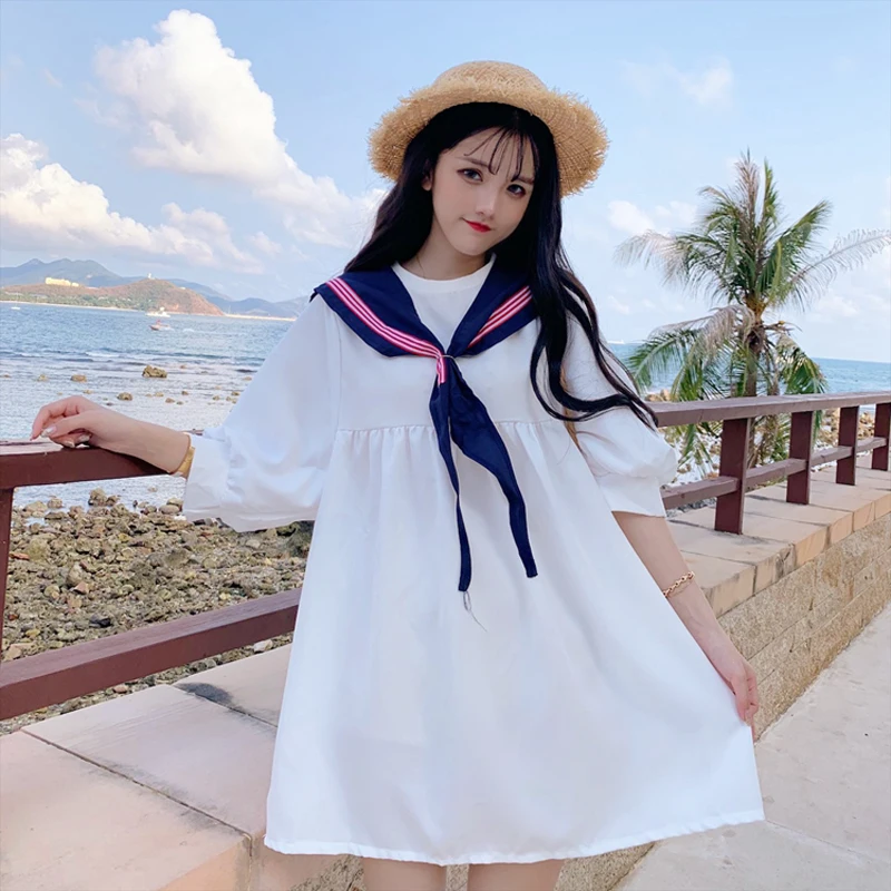 Japanese Preppy Style Women Cute Dress Sailor Collar White Navy Blue Oversized Dress Tunic Kawaii School Costume Elegant Dresses
Japanese Preppy Style Women Cute Dress Sailor Collar White Navy Blue Oversized Dress Tunic Kawaii School Costume Elegant Dresses