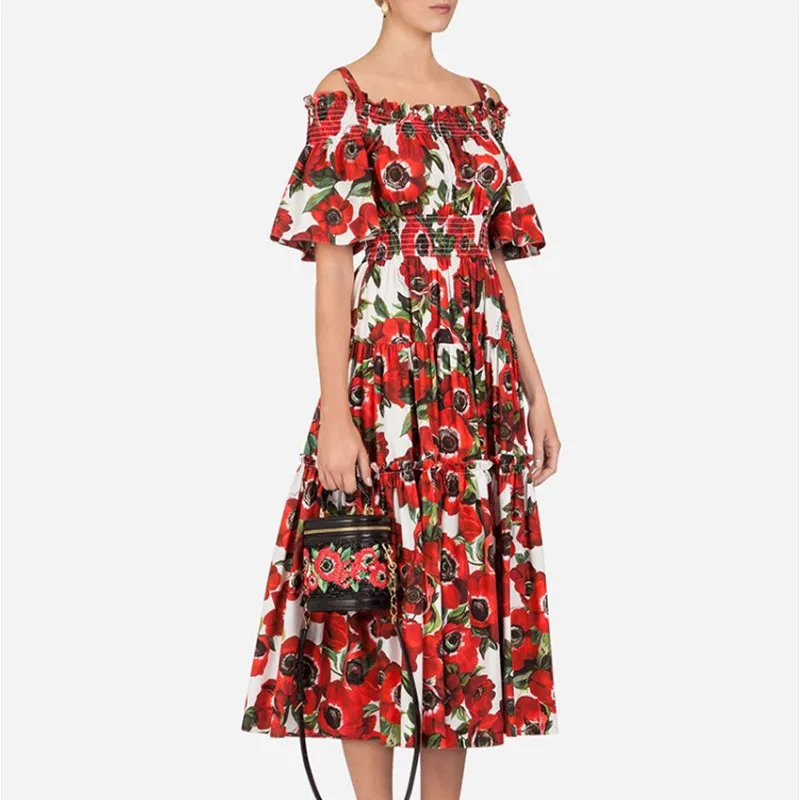 2019 Spring Summer Runway Designer Boho Rose Dresses Women's Off Shoulder Short Sleeve Elastic Waist Red Floral Print Long Dress
2019 Spring Summer Runway Designer Boho Rose Dresses Women's Off Shoulder Short Sleeve Elastic Waist Red Floral Print Long Dress