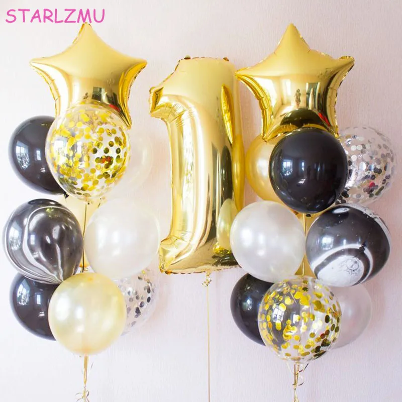 

STARLZMU 21pcs 1st birtday helium balloons gold black birthday balloon baby sower ballon birthday party decorations air globos