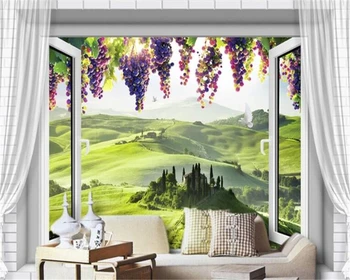 

beibehang Custom European 3D Stereo Window Grape Photo Mural Wallpaper TV Background Wall wall papers home decor papel de parede