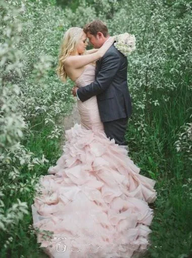 

2019 Country Blush Pink Wedding Dresses Mermaid Sweetheart Sweep Train Bridal Gowns With Crystal Sash Tiered Skirts Organza