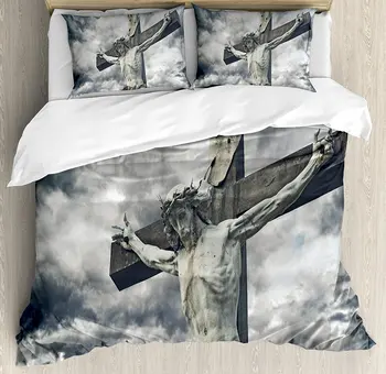 Religious Duvet Cover Set Cross with Holy Character Statue Stormy Dramatic Clouds Religious Scene Decorative 4 Piece Bedding Set 
Religious Duvet Cover Set Cross with Holy Character Statue Stormy Dramatic Clouds Religious Scene Decorative 4 Piece Bedding Set