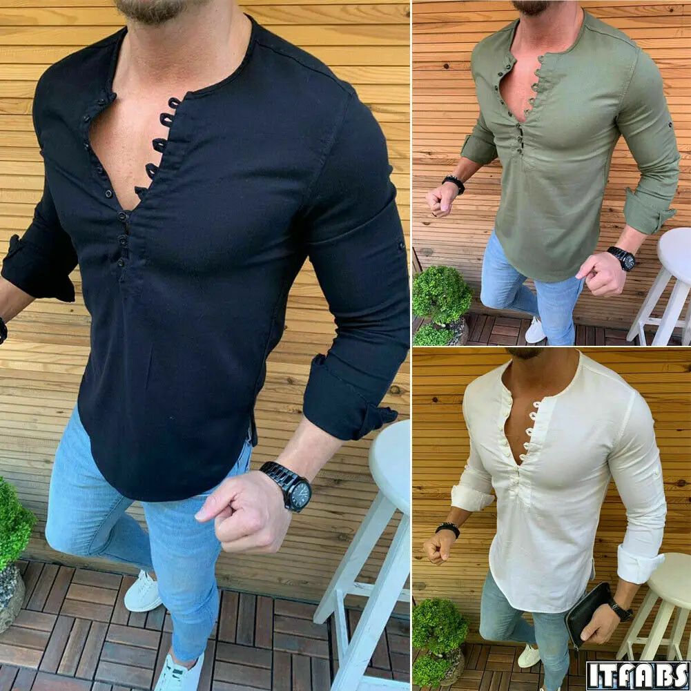 2019 Newest Men's Linen V-neck Long Sleeve Solid Color Bodybuilding Shirt Muscle Slim Top Blouses Shirts 
2019 Newest Men's Linen V-neck Long Sleeve Solid Color Bodybuilding Shirt Muscle Slim Top Blouses Shirts