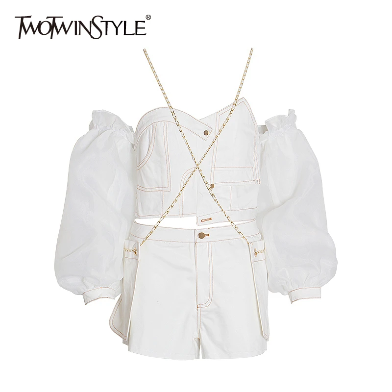 TWOTWINSTYLE Summer Women's Suit Slash Neck Lantern Sleeve Asymmetrical Crop Tops High Waist Shorts Two Piece Set Female 2019
TWOTWINSTYLE Summer Women's Suit Slash Neck Lantern Sleeve Asymmetrical Crop Tops High Waist Shorts Two Piece Set Female 2019