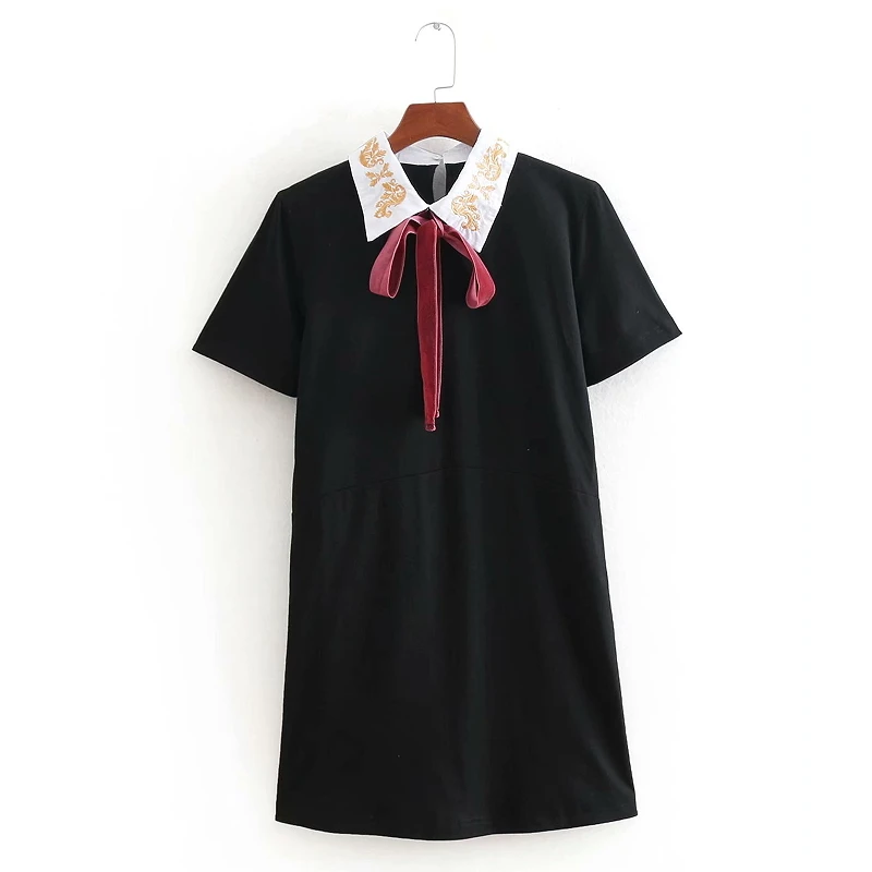 women sweet peter pan collar embroidery patchwork black mini dress elegant bow vestidos casual knitting women clothes DS1510
women sweet peter pan collar embroidery patchwork black mini dress elegant bow vestidos casual knitting women clothes DS1510