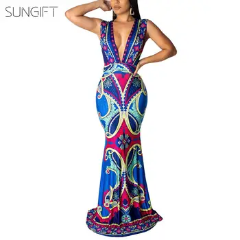 SUNGIFT Dashiki Women's Dress African Deep V Neck Sleeveless Fishtail Dress African Clothing Green Blue Slim Waist Print Dresses
SUNGIFT Dashiki Women's Dress African Deep V Neck Sleeveless Fishtail Dress African Clothing Green Blue Slim Waist Print Dresses