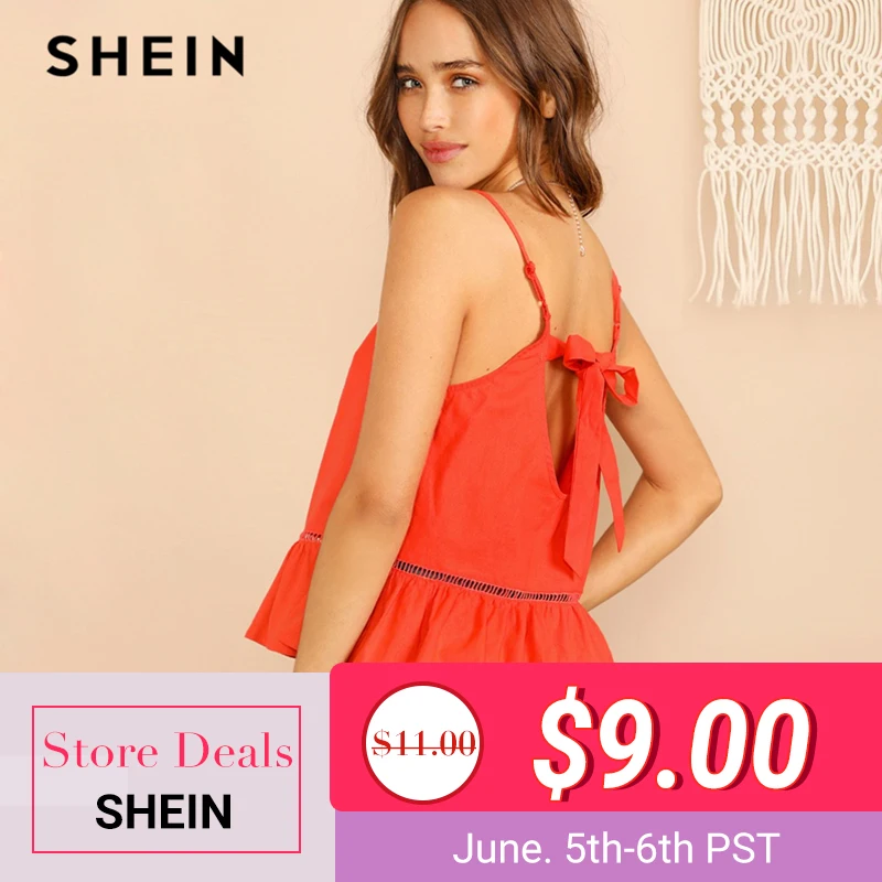 

SHEIN Laddering Lace Insert Ruffle Hem Cami Top 2019 Young Orange Bright Neon Solid Sexy Women Summer Spaghetti Strap Vest