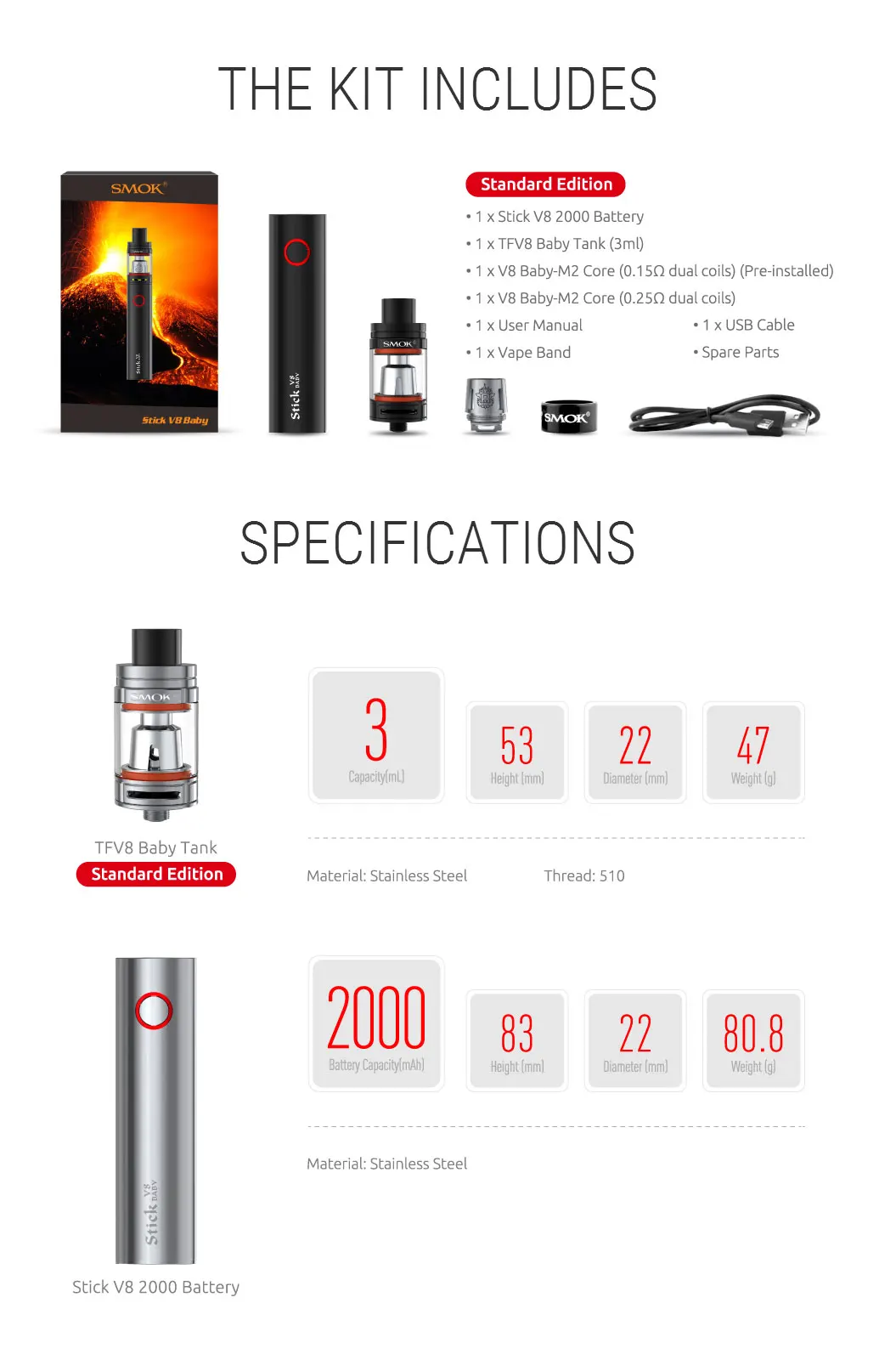 SMOK Stick V8 Baby Vape Kit with 3ml /2ml TFV8 Baby Beast Tank Atomizer & 2000mah Battery Standard/EU Edition E-cigs Starter Kit