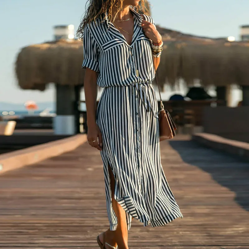 Women Summer Chiffon Shirt Dress 2019 Beach Short Sleeve Long Dress Boho Striped Slit Lapel Button Elegant Dresses Vestido Belt
Women Summer Chiffon Shirt Dress 2019 Beach Short Sleeve Long Dress Boho Striped Slit Lapel Button Elegant Dresses Vestido Belt