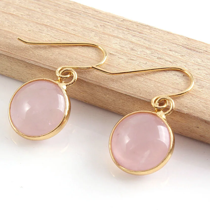 

1 Pair Round Natural Stone Drop Earrings Rose Pink Quartz White Howlite Cabochon Dangle Earrings For Women Black Agates Jewelry