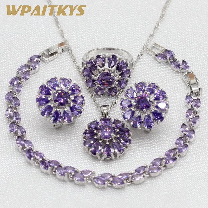 925 Silver Jewelry Sets For Women Flower Purple Cubic Zirconia Necklace Pendant Bracelets Earrings Rings Free Gift Box
925 Silver Jewelry Sets For Women Flower Purple Cubic Zirconia Necklace Pendant Bracelets Earrings Rings Free Gift Box