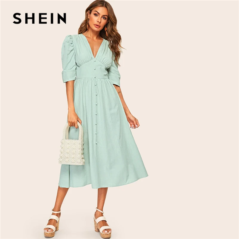 SHEIN Button Front Puff Sleeve O-Ring Belted High Waist Dress 2019 Green Deep V Neck Spring Autumn Women Fit and Flare Dresses
SHEIN Button Front Puff Sleeve O-Ring Belted High Waist Dress 2019 Green Deep V Neck Spring Autumn Women Fit and Flare Dresses