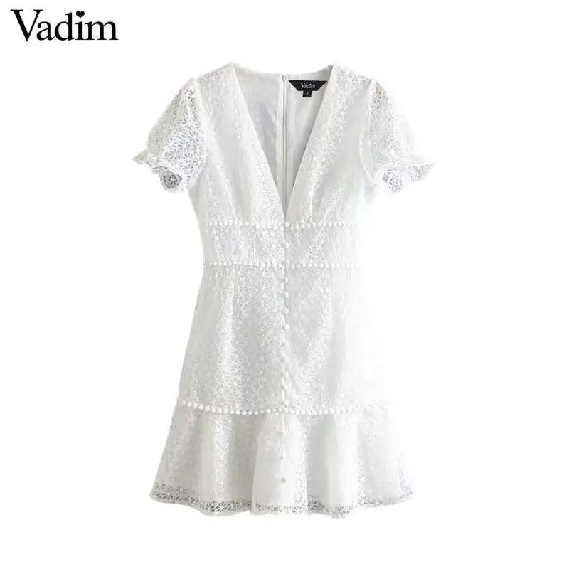 Vadim women embroidery white mini dress V neck short puff sleeve back zipper female casual dresses chic A line vestidos QB960
Vadim women embroidery white mini dress V neck short puff sleeve back zipper female casual dresses chic A line vestidos QB960