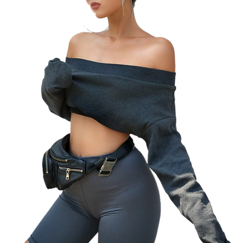 Women's Sexy Off Shoulder Blouses Long-sleeved Sweatshirt Loose Pullover Casual Bare Midriff Crop Top Midrimidriff-Baring Cloth | Спорт и