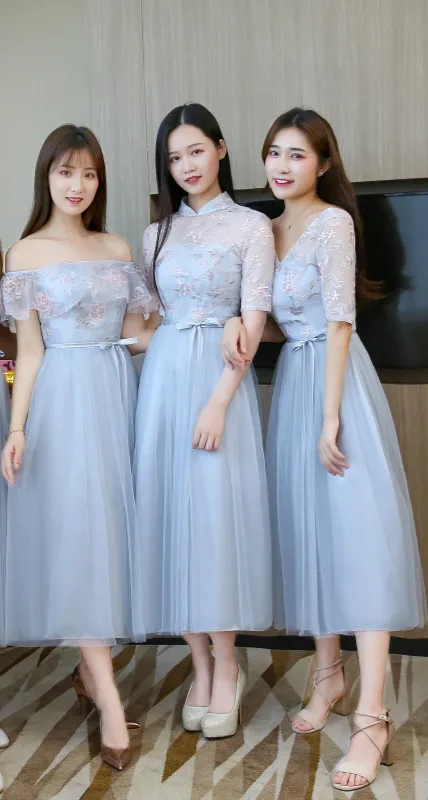 Сине-серое сексуальное платье с вышивкой Платья для подружек невесты женщин
