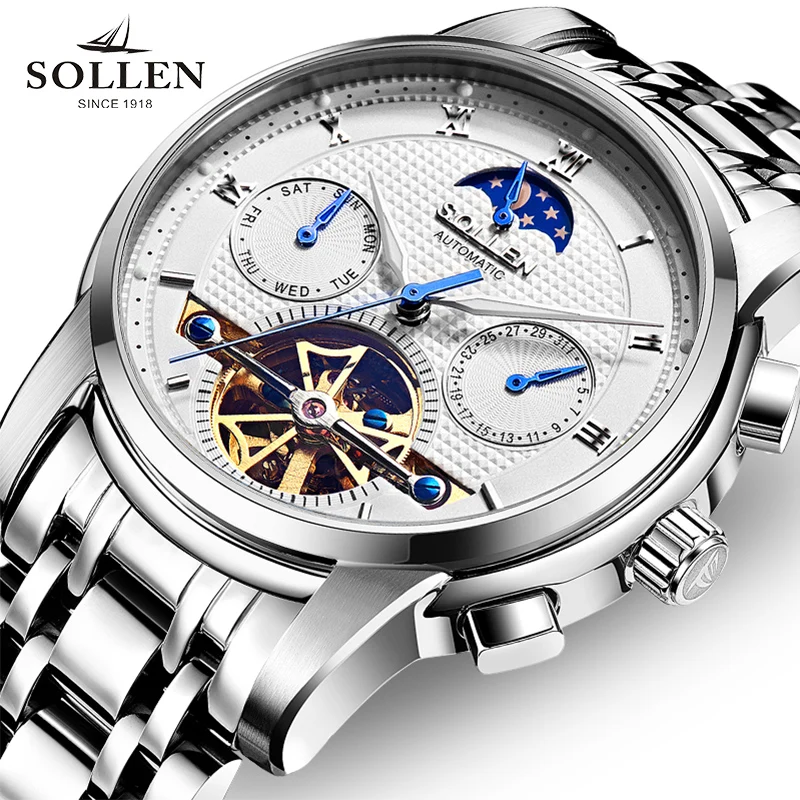

Hot SOLLEN Brand Men Mechanical Watch Stainless Steel Automatic Watches Fashion Business Man Waterproof Clock Montre Homme 2018