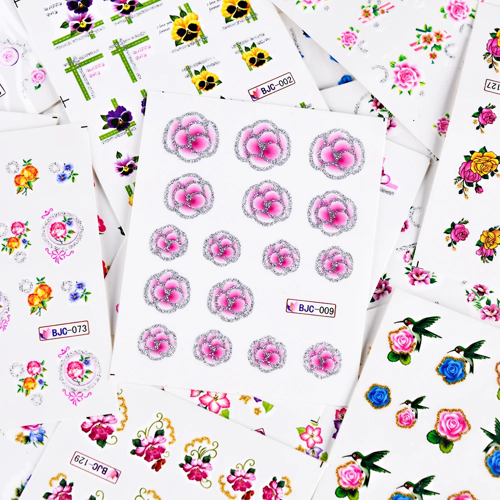 55pcs New Latest Nail Art Glitter Tips Flower Designs with Gold Powder Nail Art Sticker Decals Watermark DIY Manicur (5)