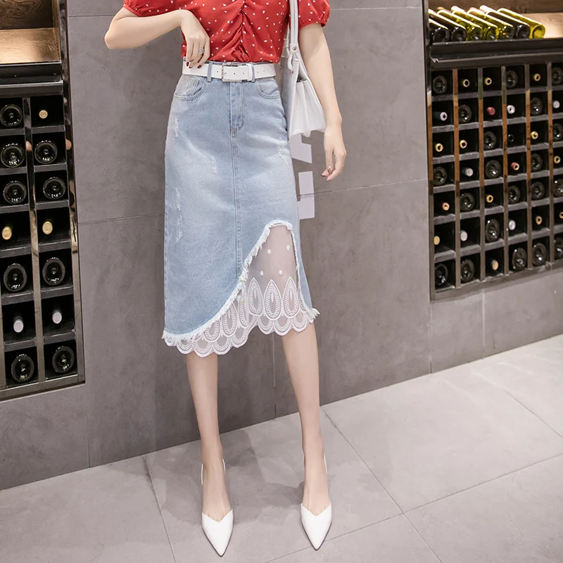 Lace Patchwork Denim Skirt Women Girls Empire High Waist Mesh Patchwork Jeans Holes Knee-Length Skirt No Stretch A-line B95292
Lace Patchwork Denim Skirt Women Girls Empire High Waist Mesh Patchwork Jeans Holes Knee-Length Skirt No Stretch A-line B95292