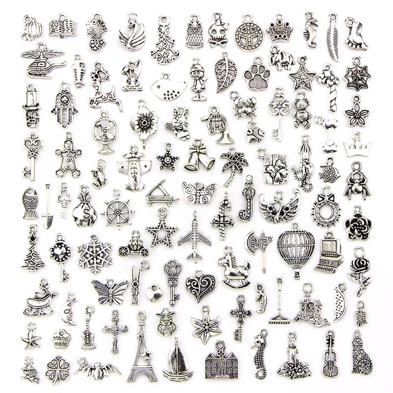 

100 Pcs/Set Lots Mixed Styles Tibetan Silver Charms DIY Pendants Jewelry For Necklace Bracelet Making Accessaries