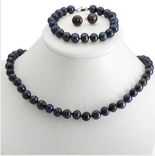 NEW 1set 8-9mm Black Cultured Akoya Pearl Necklace Bangle Earring (A0423)