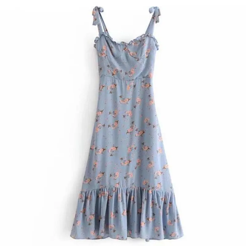 2019 Chic bluegrey Flower Print Tide Bow Spaghetti Strap Dress Women Ruffles Wood ears Long Dresses 
2019 Chic bluegrey Flower Print Tide Bow Spaghetti Strap Dress Women Ruffles Wood ears Long Dresses
