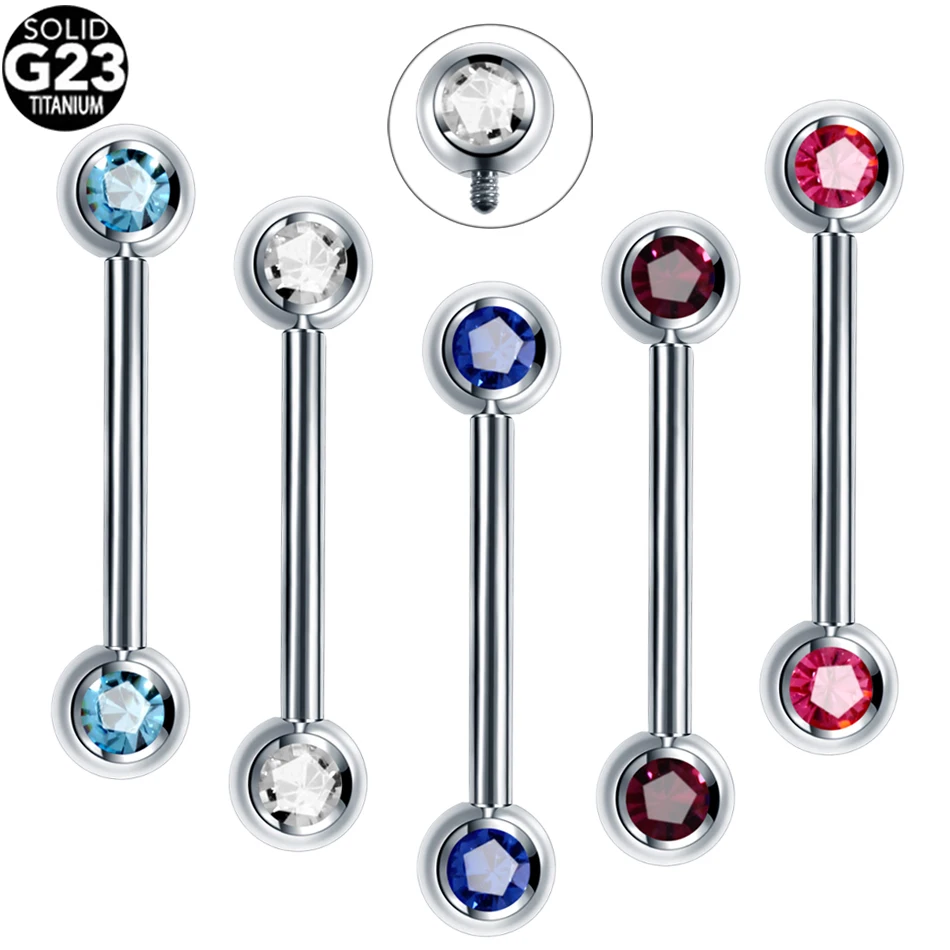 

1PC G23 Titanium Crystal Gem Tongue Barbell Rings Piercing Internally Thread Nipple Bar Earring Piercing Sexy Body Jewelry 14G