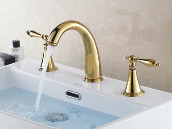 

Free Shipping Gold Ti-PVD Two Handles Mid-east Style Brass Bathroom Vanity Sink / Basin Torneira Cozinha Faucets Mixers Taps