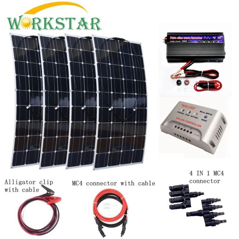 

WORKSTA 4*100W Flexible Solar Panel Solar Module with 1000W inverter and 30A controller Complete 400W Solar System Factory Price
