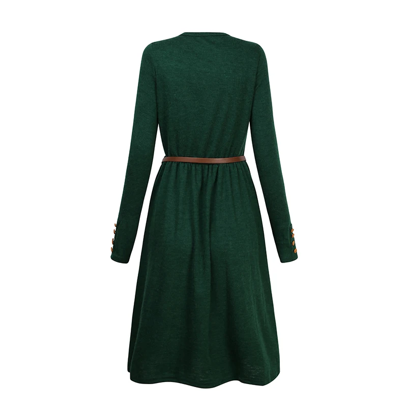 Black/Green 2017 Hot Sale Autumn Winter Dress Women\'s Long Sleeve Knitted Button Dress Ladies Casual Party Dress With Belt