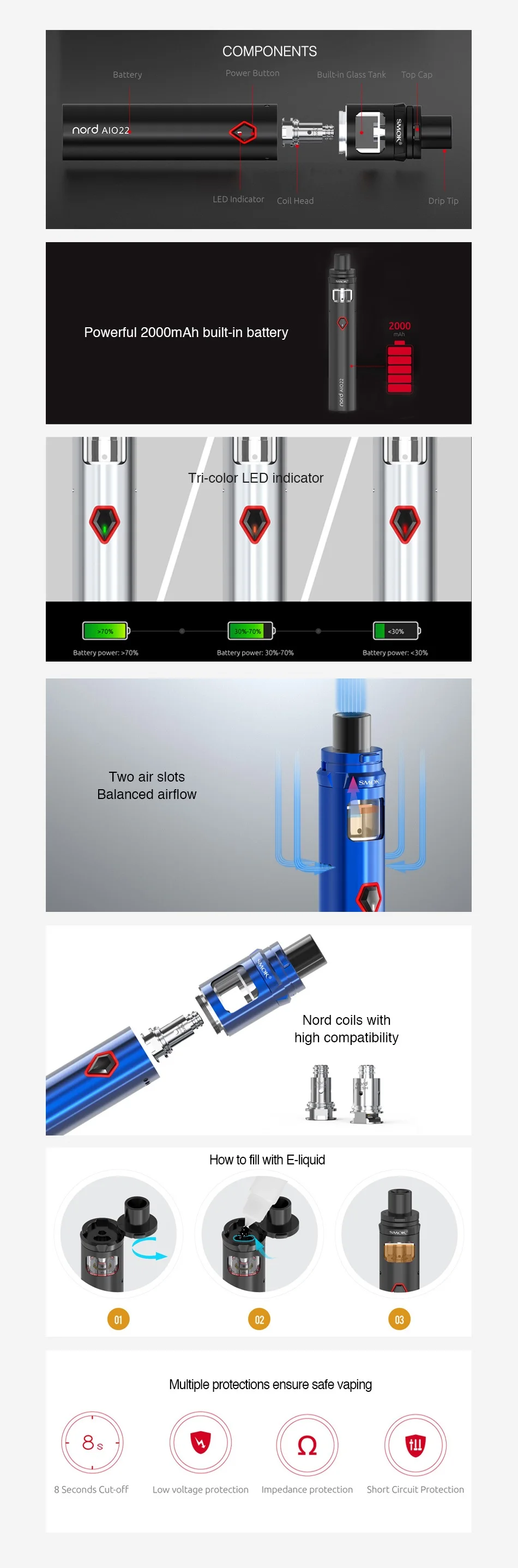 Original SMOK Nord 22 AIO Starter Kit with 2000mAh Battery & 3.5ml Tank & 0.6ohm Nord Mesh Coil Vape Pen Kit Vs Pen 22/ Stick V8