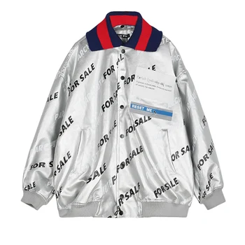 Fashion Striped Lapel Design Faux Leather Jacket Women 2019 New Streetwear Hit Color Letter Print Patchwork Silver Biker Jacket
Fashion Striped Lapel Design Faux Leather Jacket Women 2019 New Streetwear Hit Color Letter Print Patchwork Silver Biker Jacket