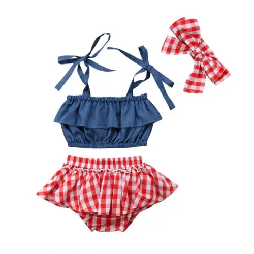 Fashion Newborn Baby Girl Clothes Cotton Toddler Summer Strap Demin Top Plaid Shorts Dress Headband Set
Fashion Newborn Baby Girl Clothes Cotton Toddler Summer Strap Demin Top Plaid Shorts Dress Headband Set