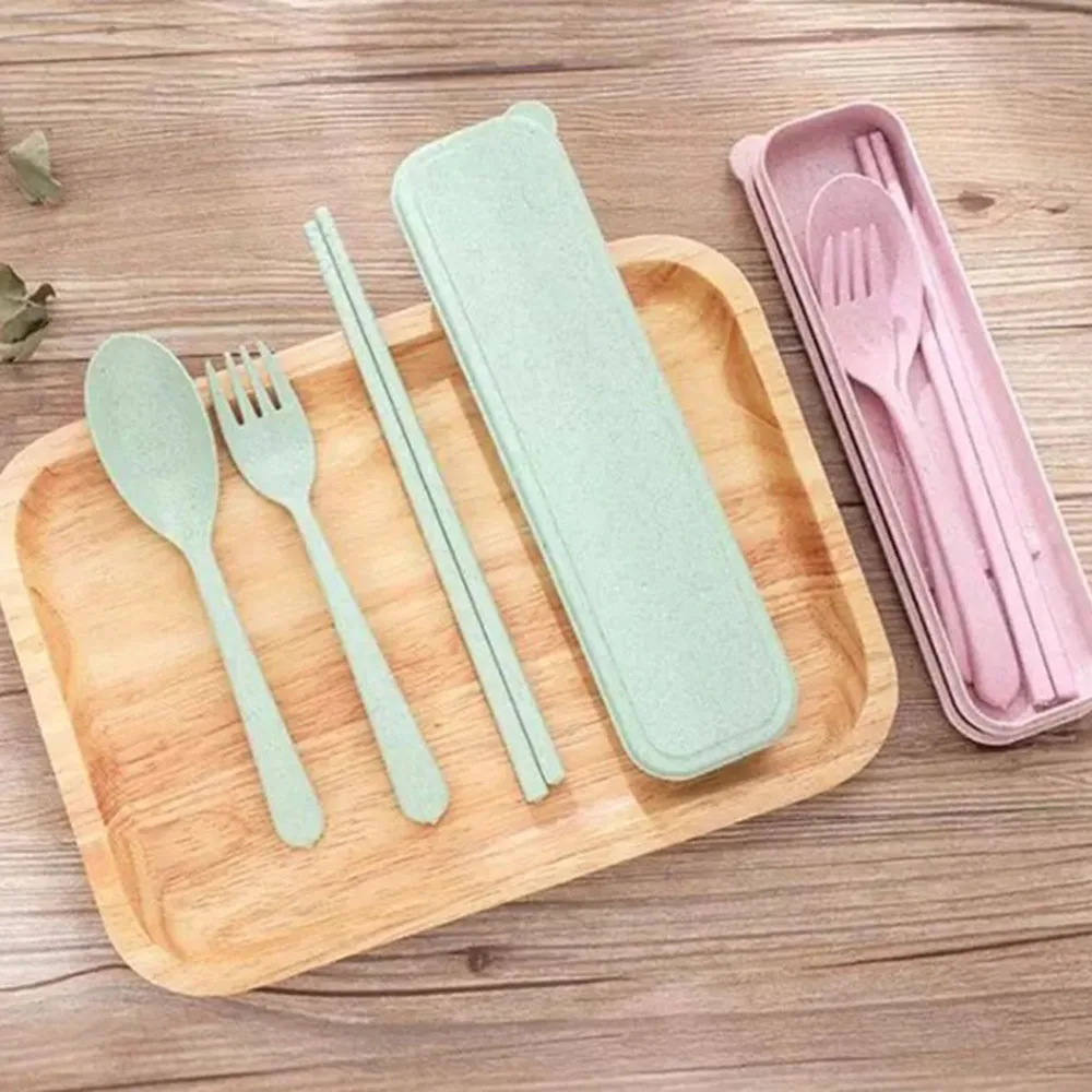 

3 In 1 Eco-friendly Wheat Straw Flatware Cutlery Set with Organizer Box Knives Fork Spoon Chopsticks Utensils Travel hot Selling