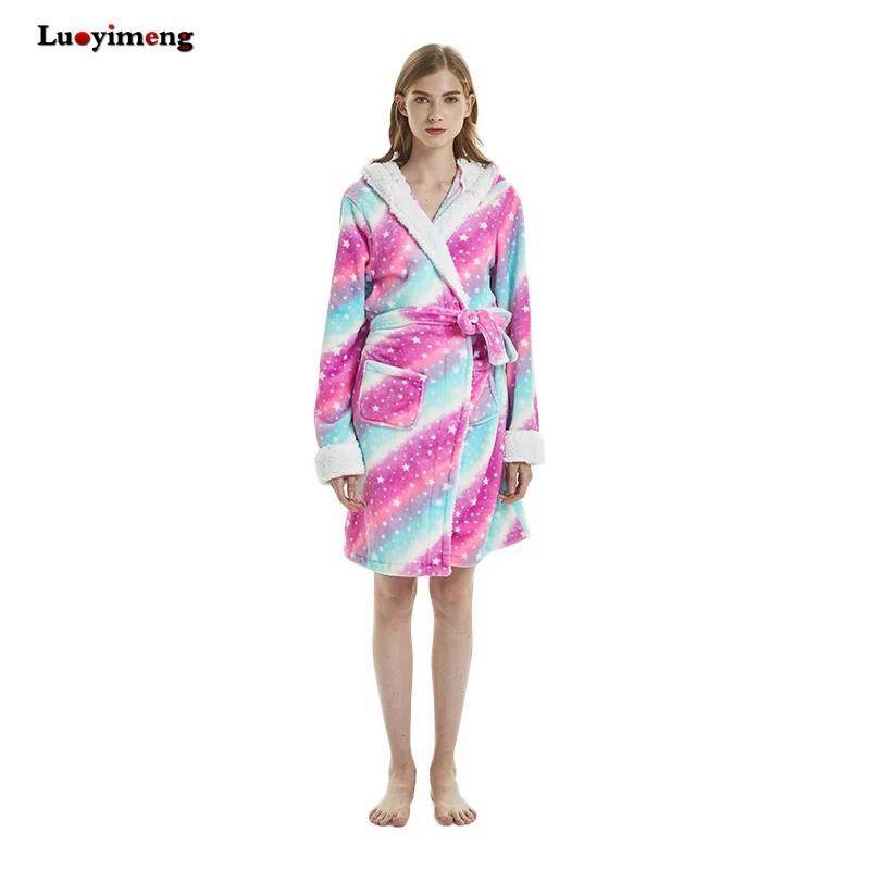 Для девочек косплей аниме панда единорог пижамы банные халаты фланелевые радуга