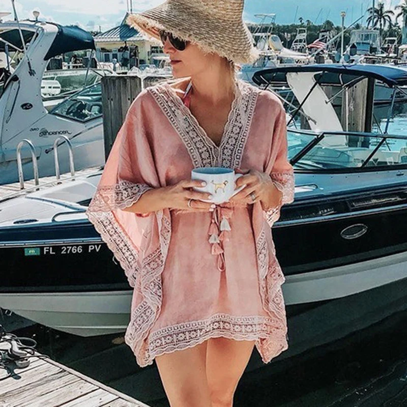 Boho Summer Lace Beach Dress Elegant Women Loose Bikini Cover UP ladies kaftan Bathing Suit Tassel Suits Beachwear | Женская одежда