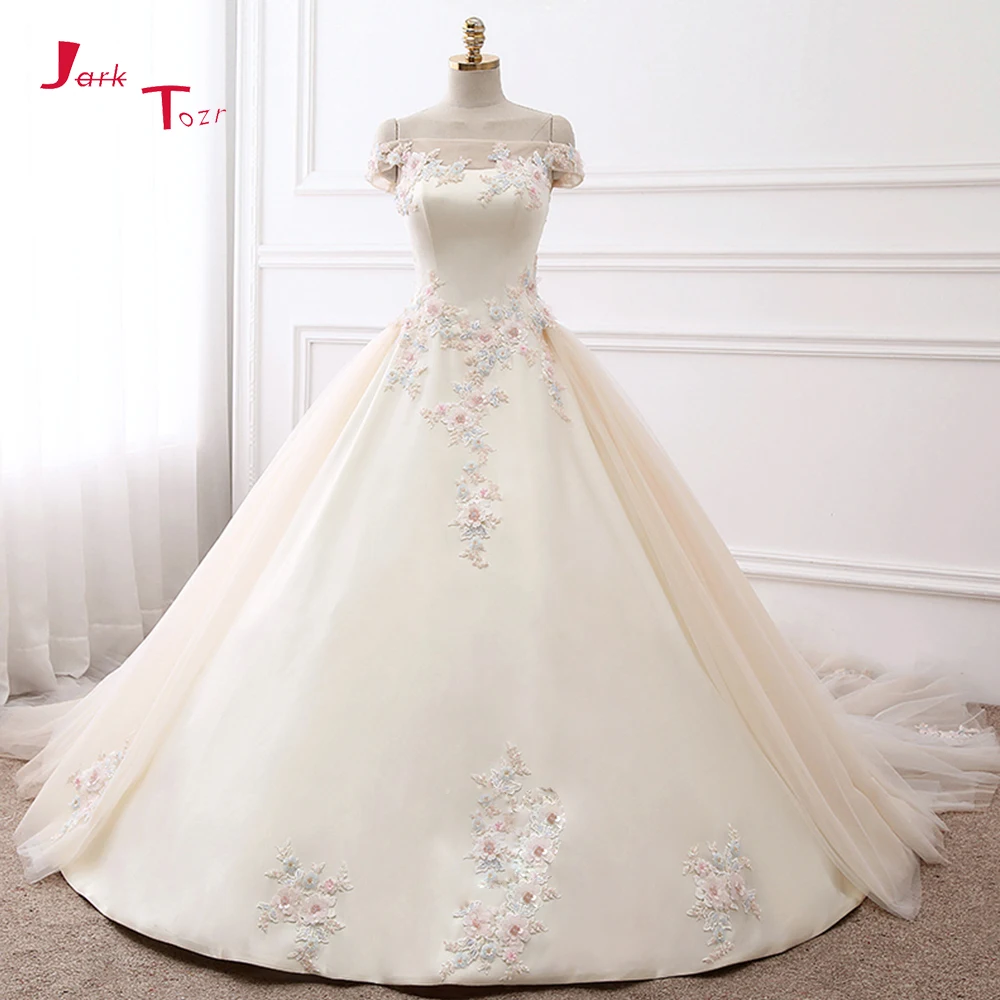 Jark Tozr New Arrive Boat Neck Short Sleeve Colorful Appliques Flowers Shiny Beading Crystal Satin Wedding Dress Casamento | Свадьбы и