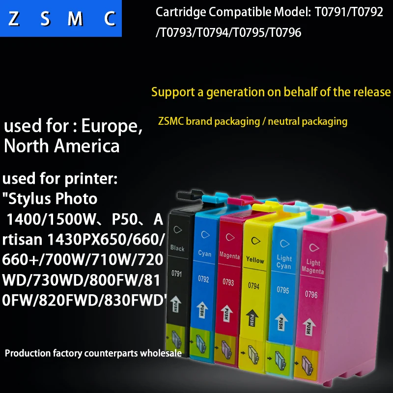 6PCS Compatible T0791/T0792/T0793/T0794/T0795/T0796 ink cartridge for Epson Stylus Photo 1400/PX700W/PX800FW/P50 printer
6PCS Compatible T0791/T0792/T0793/T0794/T0795/T0796 ink cartridge for Epson Stylus Photo 1400/PX700W/PX800FW/P50 printer