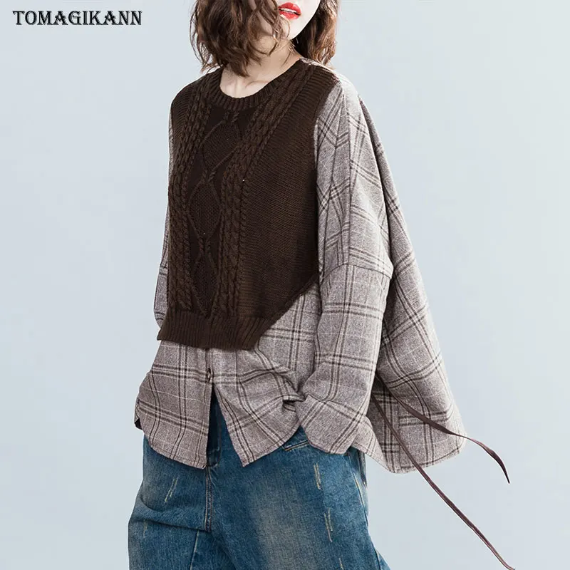Fake Two Piece Sweater Blouse Shirt Women Top 2019 Plaid Knitted Spliced Drawstring Blusas O Neck Batwing Sleeve Chemisier femme |