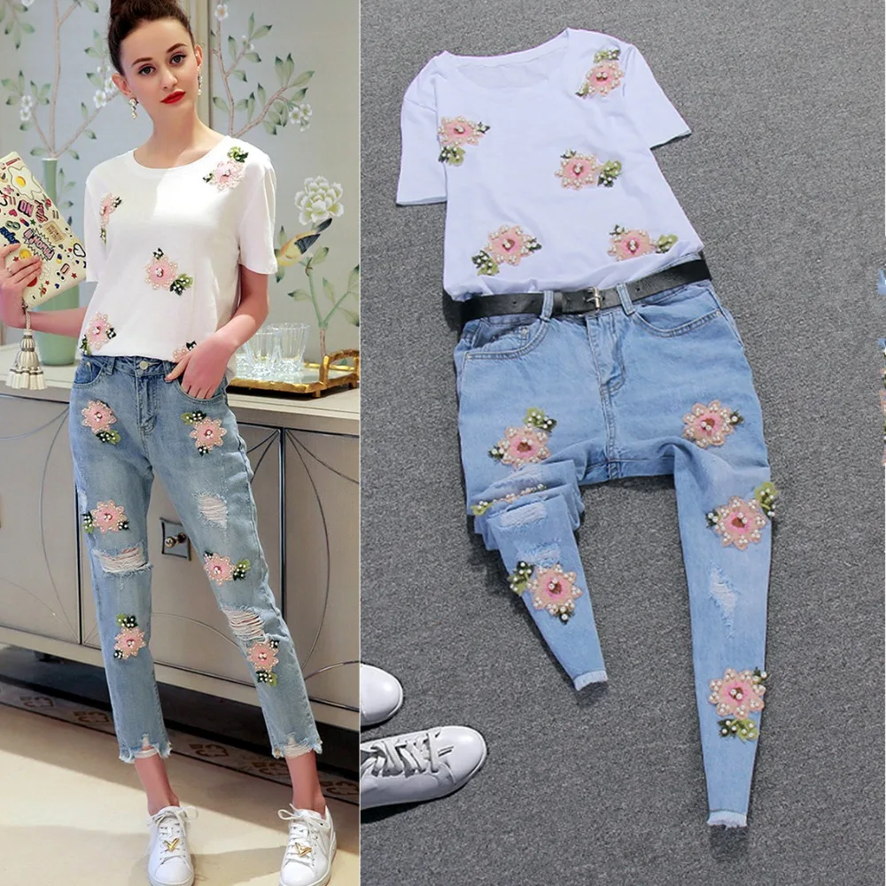 Fresh Ladies Denim Clothing Set Women Flowers Sequin Embroidery Cotton Tees Tops and Casual Hole Denim Jeans Pants Suits NS27
Fresh Ladies Denim Clothing Set Women Flowers Sequin Embroidery Cotton Tees Tops and Casual Hole Denim Jeans Pants Suits NS27
