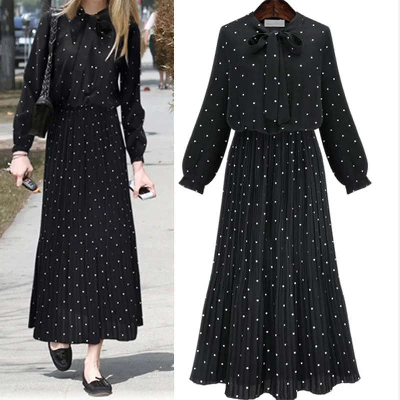 Office Lady Polka Dot Bow Tie Neck Maxi Dress Elastic High Waist Slim Pleated Chiffon Fall Winter Women's Plus Size Long Dresses
Office Lady Polka Dot Bow Tie Neck Maxi Dress Elastic High Waist Slim Pleated Chiffon Fall Winter Women's Plus Size Long Dresses