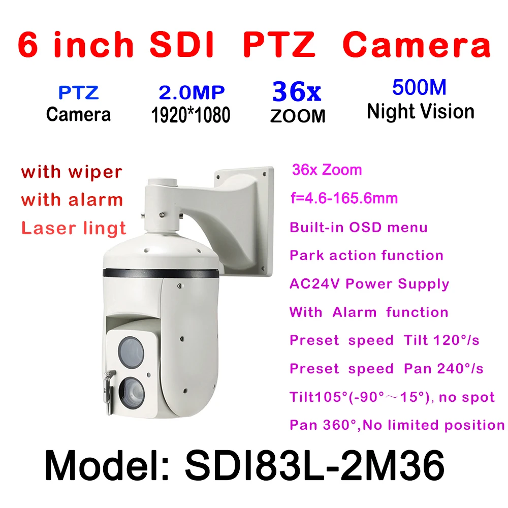 

1080P HD-SDI IR High Speed Dome PTZ Camera 2MP 36X Optical Zoom 4.6~165.6mm Focus IR Laser 500m Outdoor Waterproof IP66 AC24V