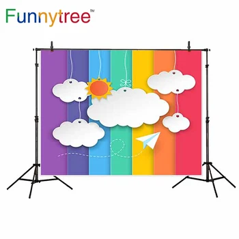 

Funnytree backdrops for photography studio rainbow sky cloud sun paper plane kids professional background photobooth photocall