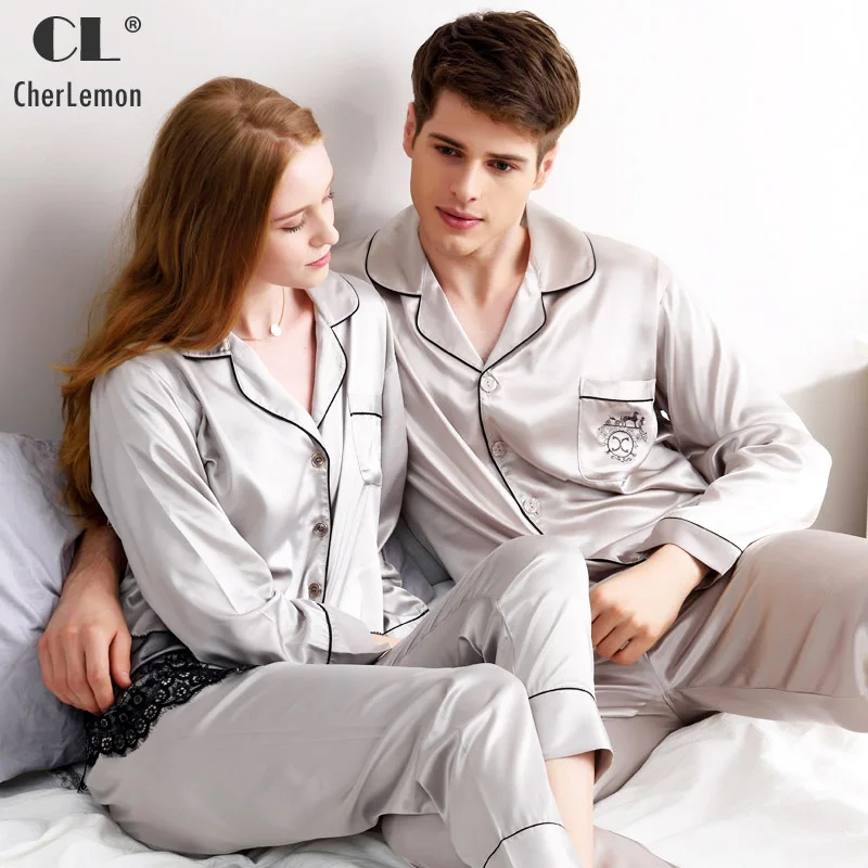 Фото CherLemon Brand Pajamas Couple Spring Luxurious Silk Satin Sleepwear Women Lace Embroidery Hem Homewear Mens Dust Grey Sleep Set | Мужская