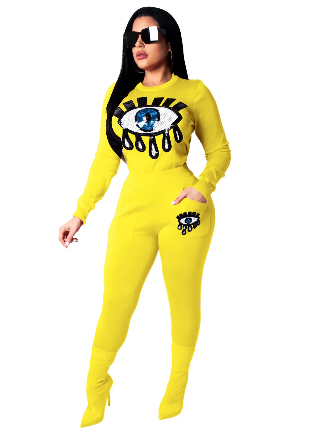New Women Set Sexy Sequined Eyes Big Lips Printed Tops And Skinny Pants Ladies Suit Streetwear Yellow 8Colors
New Women Set Sexy Sequined Eyes Big Lips Printed Tops And Skinny Pants Ladies Suit Streetwear Yellow 8Colors
