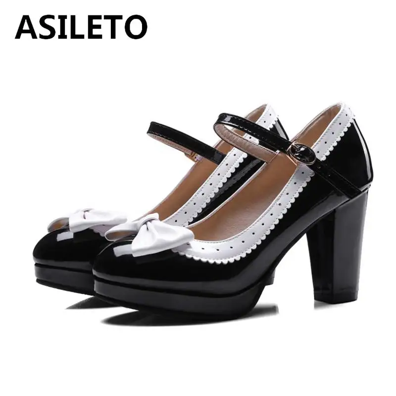 

ASILETO Size 32-44 Women's Cute Lolita Cosplay Shoes platform thick high Heel Mary Jane Pumps with bows ruffle mixed stiletto986